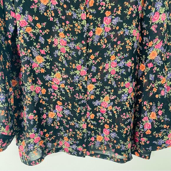 Vintage black pink orange floral chiffon button front blouse top large - Picture 3 of 6